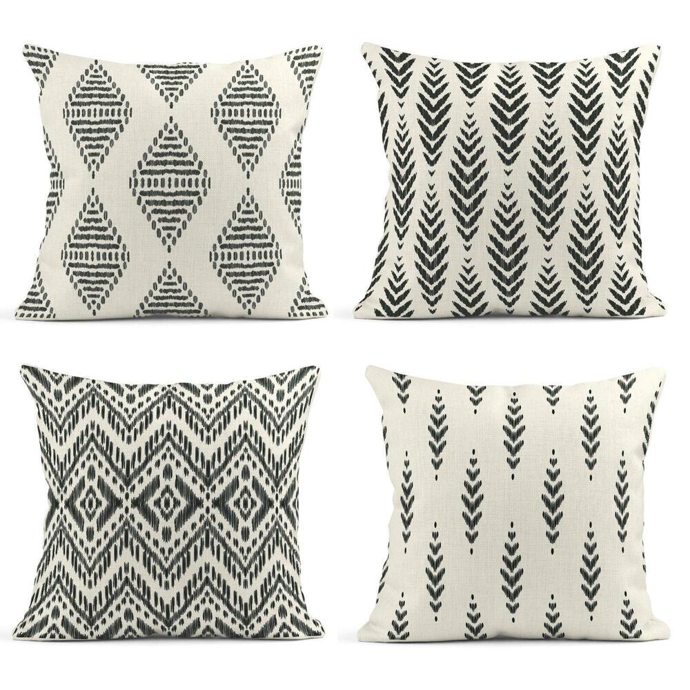 8107 Set of 4 Throw Pillow Covers Ikat Tribal and Boho Bohemian Black